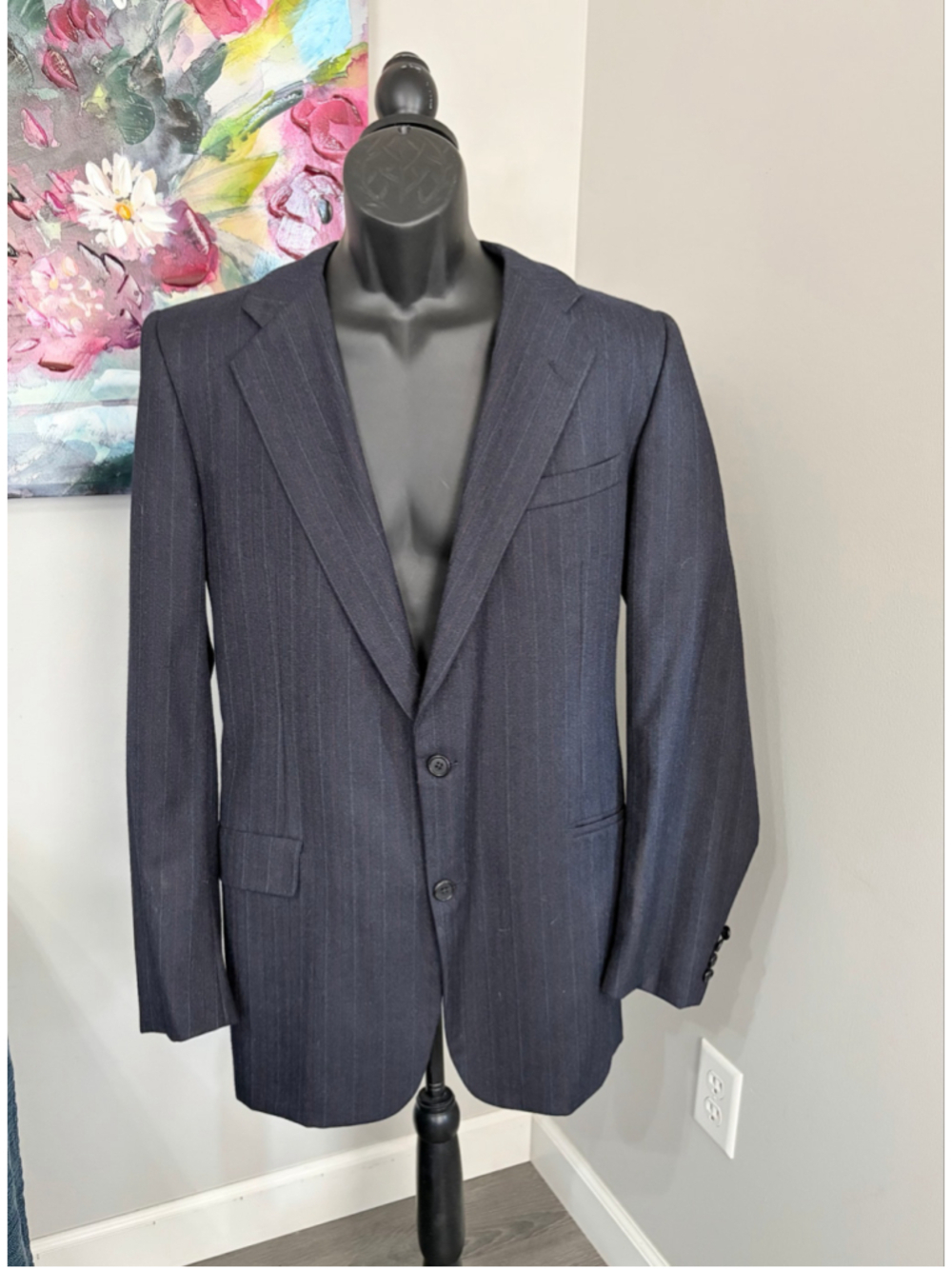Hickey Freeman Charcoal With Red Pinstripe Wool Boardroom Blazer 44L